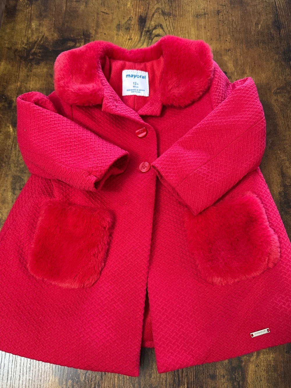 Mayoral Red Textured Faux Fur Collar & Pocket Coat Jacket – Size 12m (80 cm)